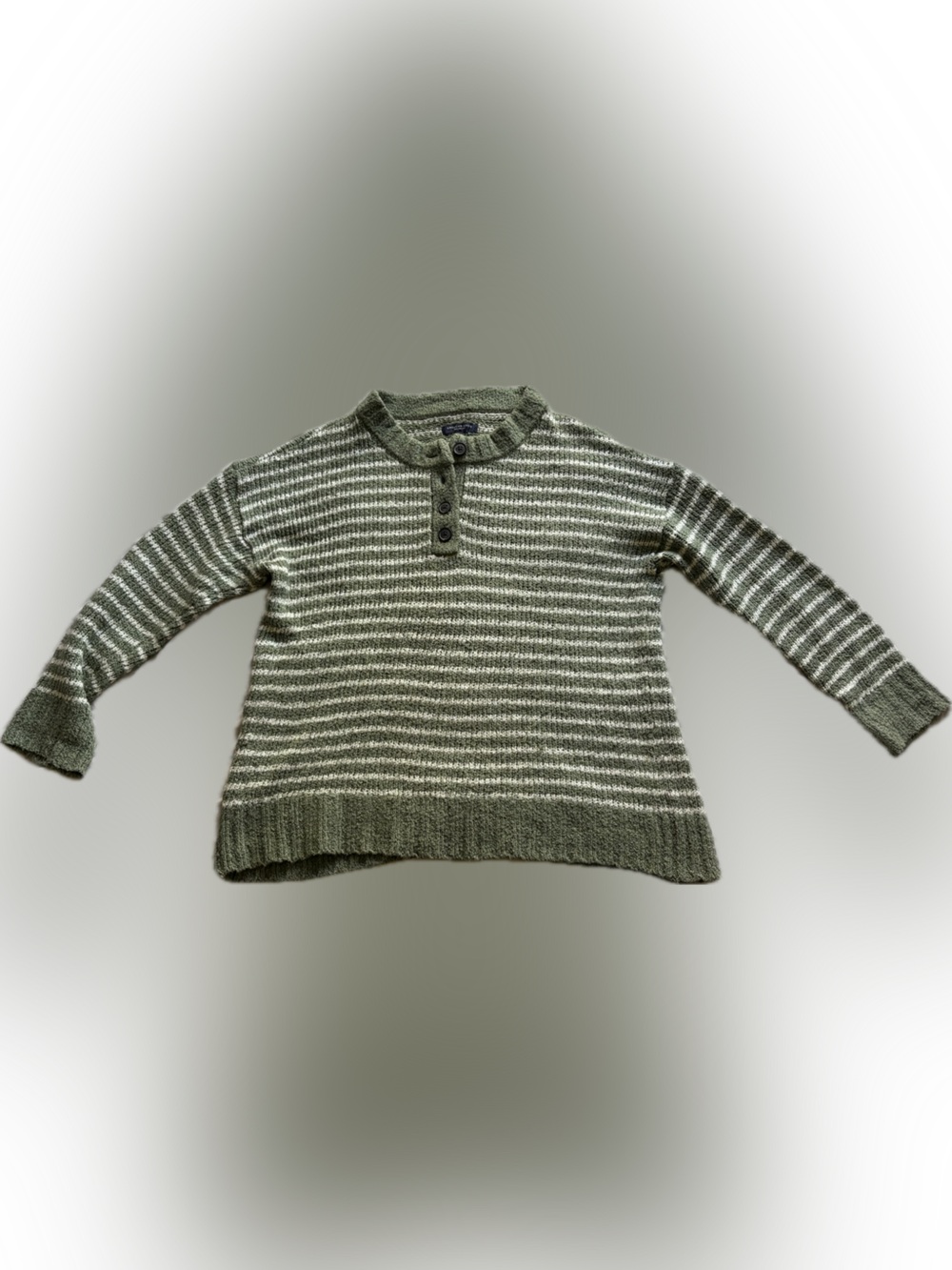 American Eagle Outfitters Oversized Olive Green and Cream Striped Henley Sweater